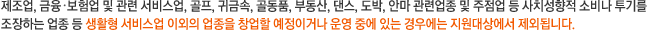 제조업, 금융?보험업 및 관련 서비스업, 골프, 귀금속, 골동품, 부동산, 댄스, 도박, 안마 관련업종 및 주점업 등 사치성향적 소비나 투기를 조장하는 업종 등 생활형 서비스업 이외의 업종을 창업할 예정이거나 운영 중에 있는 경우에는 지원대상에서 제외됩니다.
